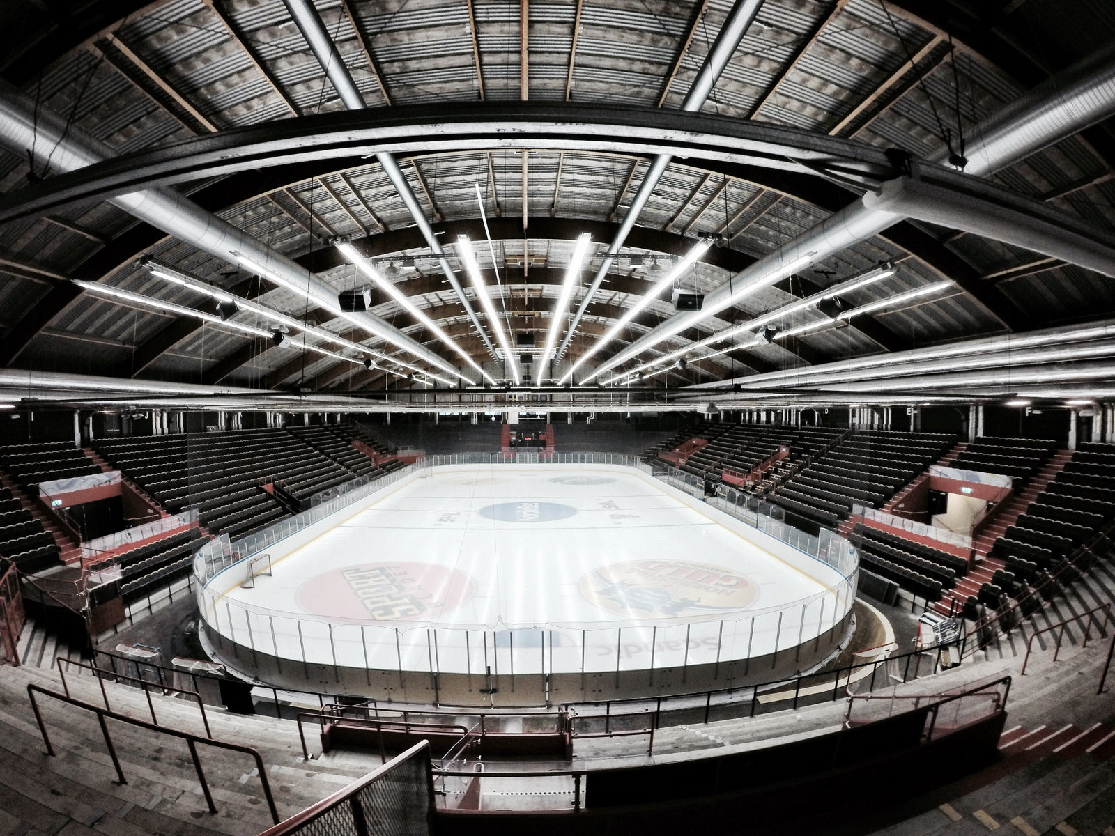 Bird's eye view of an empty ice arena