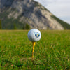 Golf ball on a tee with mountains in the background